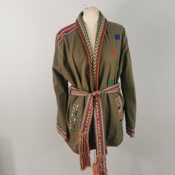 ZARA Green Mirrored Embroidered Tie Waist Boho Ethnic Jacket Small Fits 12 14 - Picture 3 of 9